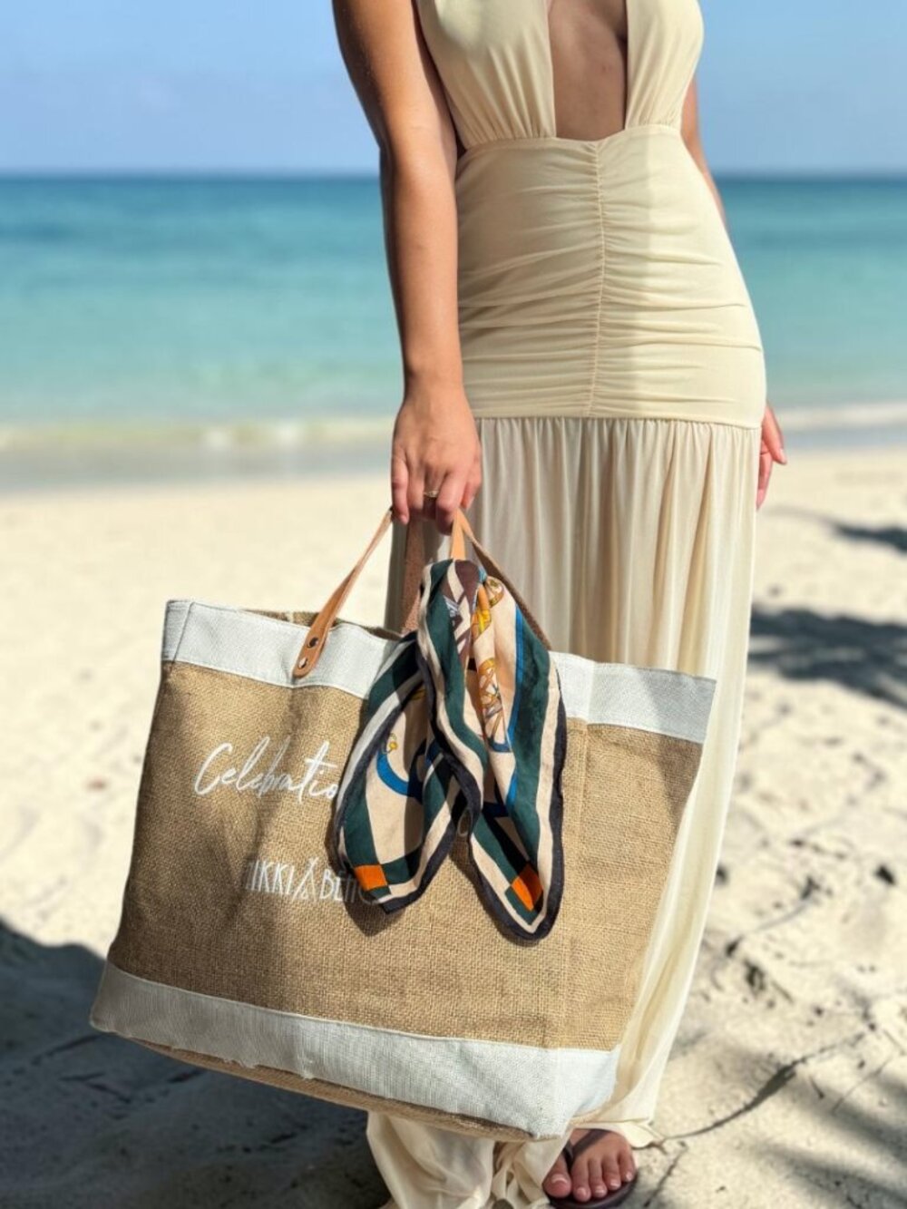 Nikki Beach Large Jute Canvas Tote Bag Tan White Resort Beach Logo